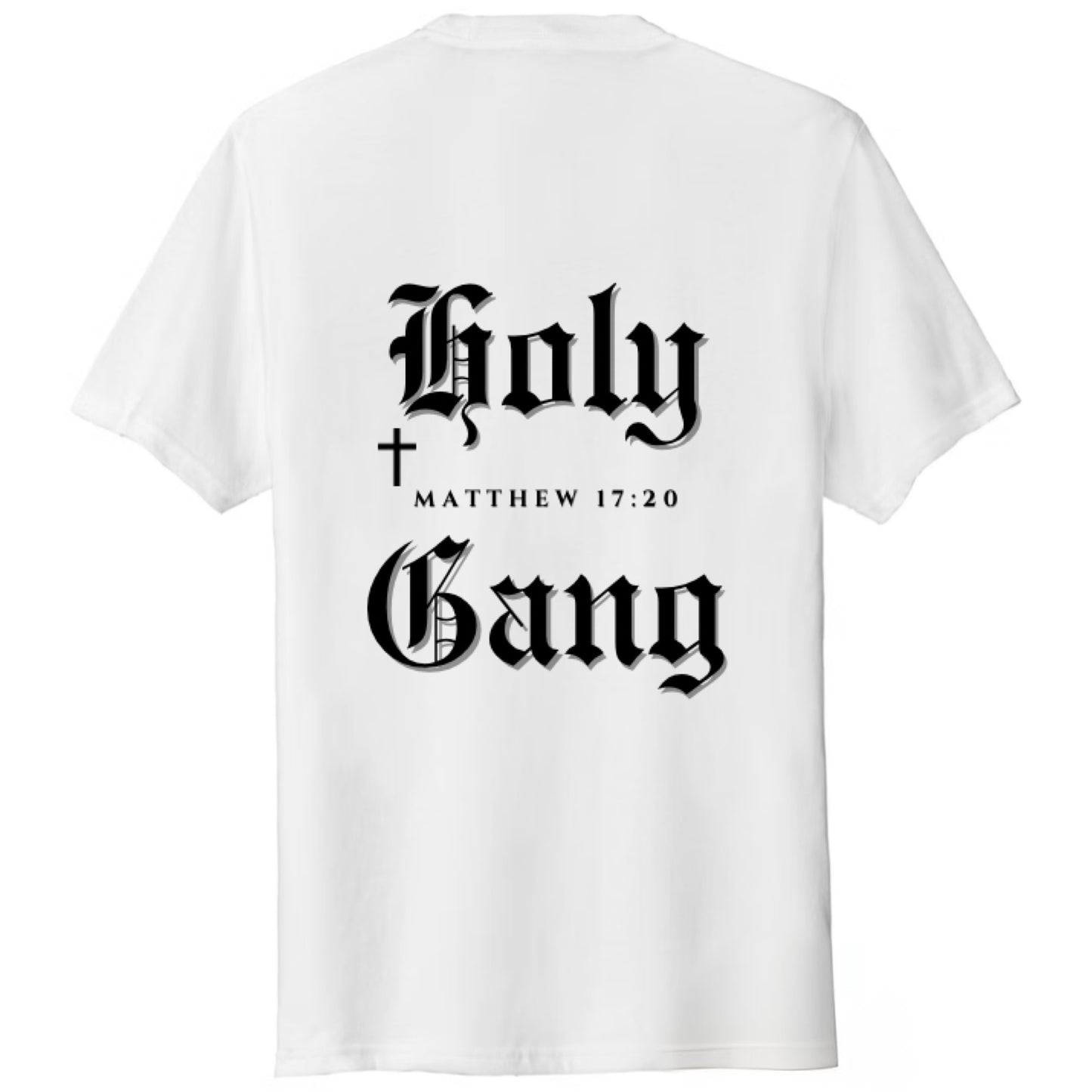Back of white Holy Gang oversized t-shirt with black gothic logo, verse and Matthew 17:20 verse.