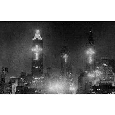 Black and white city skyline with tall illuminated skyscrapers with cross glowing in fog, creating a dramatic and moody urban atmosphere.