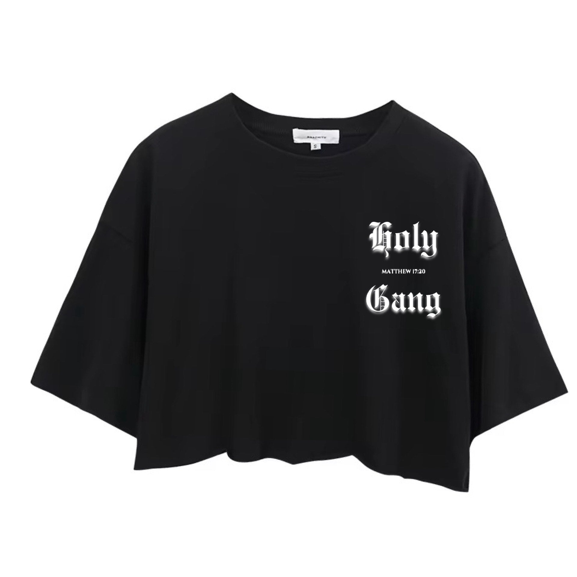 Front view of black crop-top with white shadowed Holy Gang logo and Matthew 17:20 scripture - Christian graphic tee for women