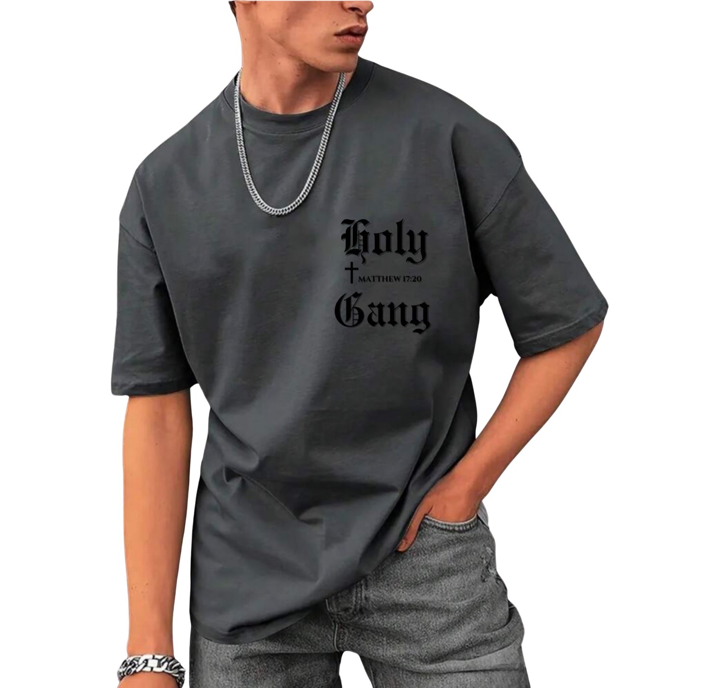 NOW AVAILABLE!!! Holy Gang Oversized T-Shirt- Matthew 17:20 Edition for Men in Dark Gray