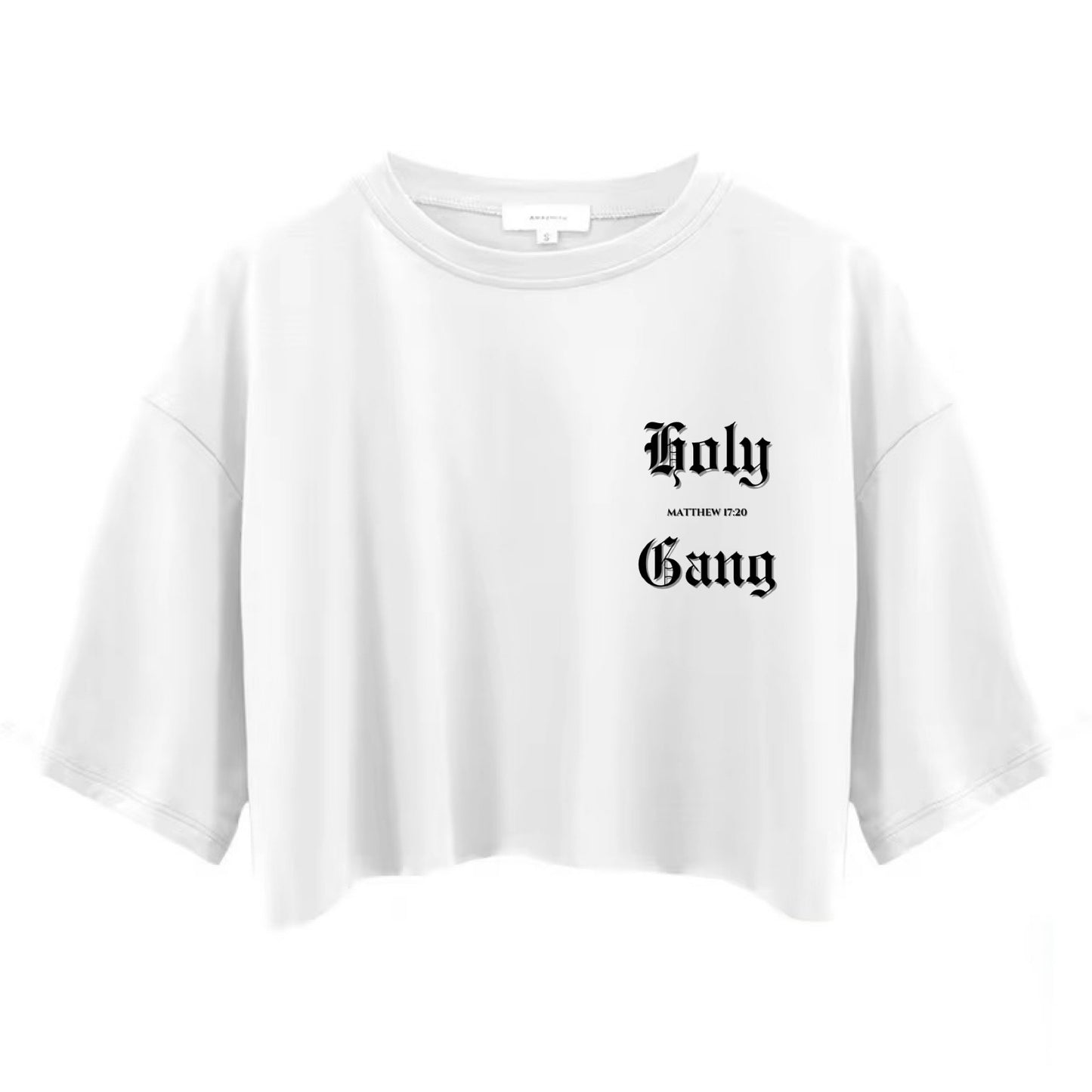Front view of white crop top with black shadowed Holy Gang logo and Matthew 17:20 - Christian minimalist streetwear for women