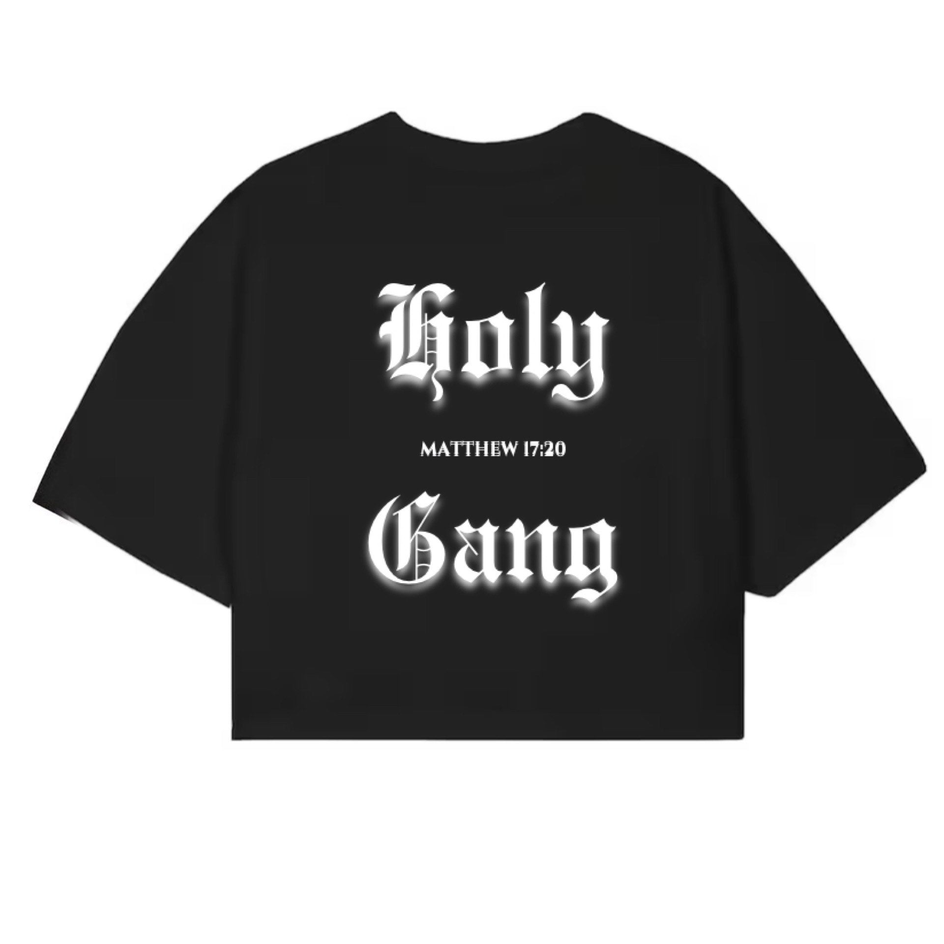 Back view of black crop top with bold and shadowed Holy Gang logo and Matthew 17:20 scripture - faith-based Christian streetwear