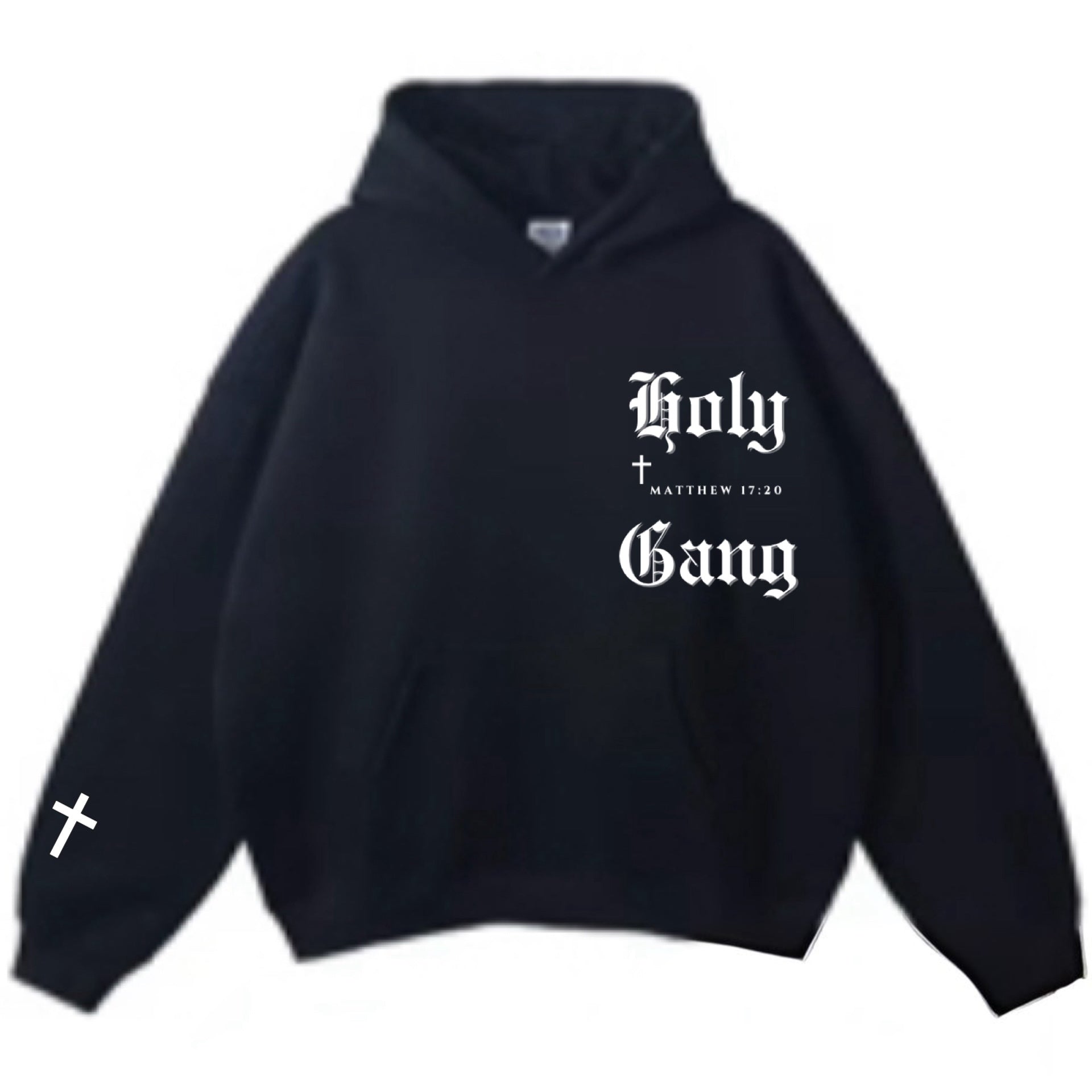 Front view of black Holy Gang hoodie featuring white gothic logo, cross design on sleeve, and Matthew 17:20 verse. 