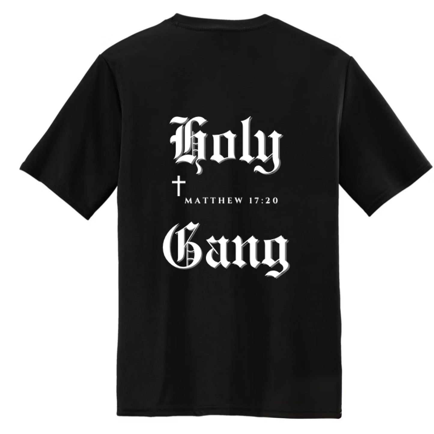Back of black Holy Gang oversized t-shirt with white gothic logo, cross and Matthew 17:20 verse. 