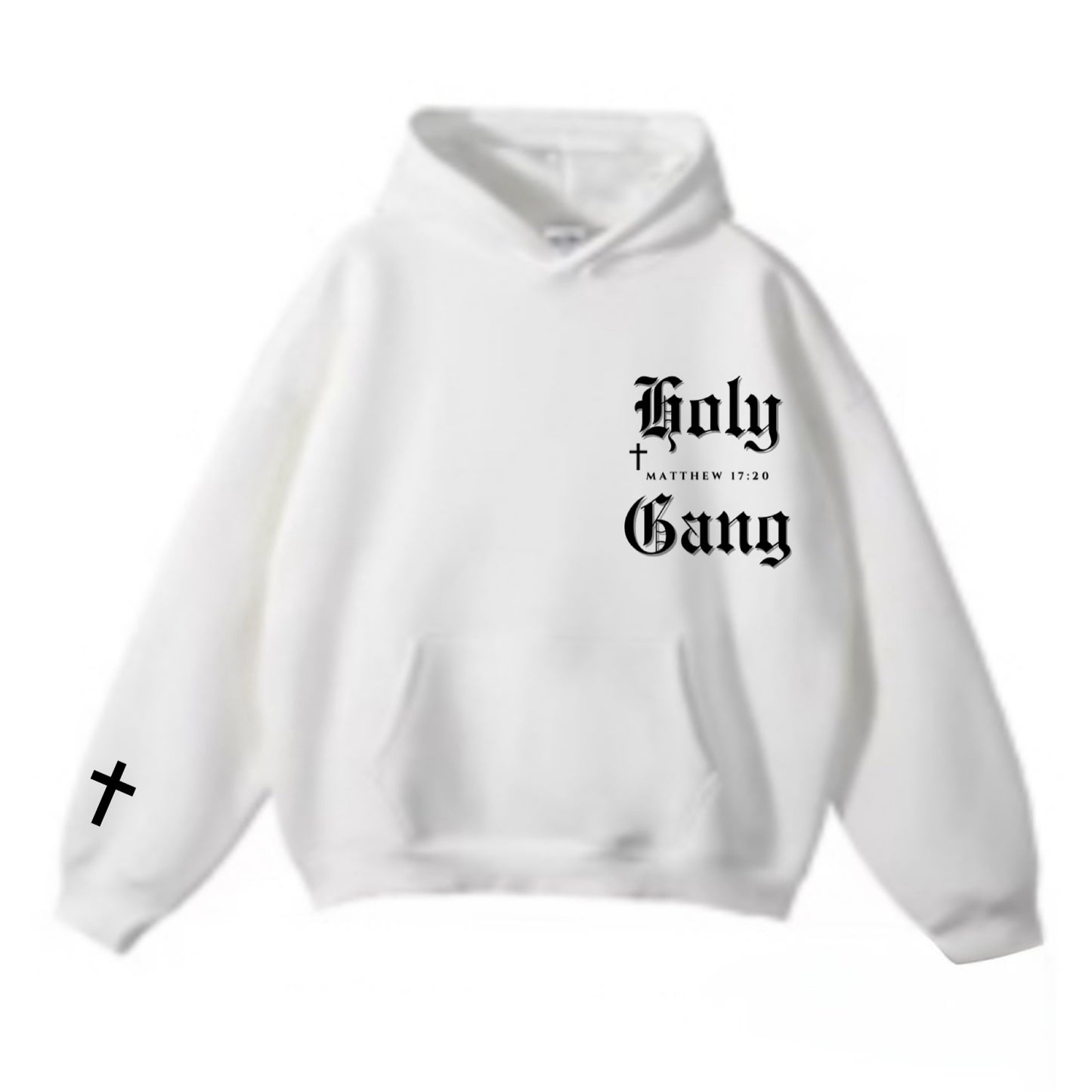 White pullover hoodie laid flat with "Holy Gang" printed in black Gothic font on the left chest, paired with black shorts , standing against a plain background. 